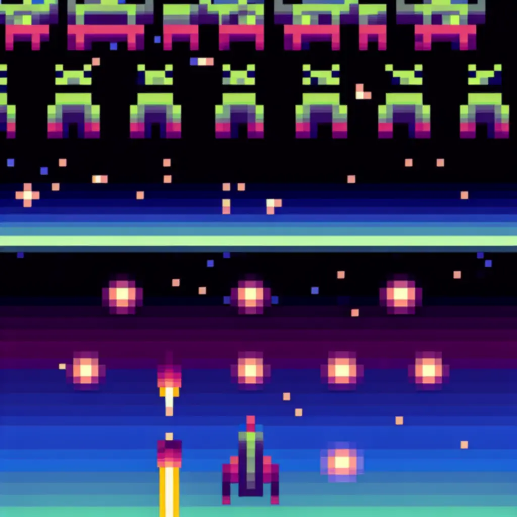 Zbliżenie na pixel‑art: kolorowe piksele i czytelne kształty wrogów