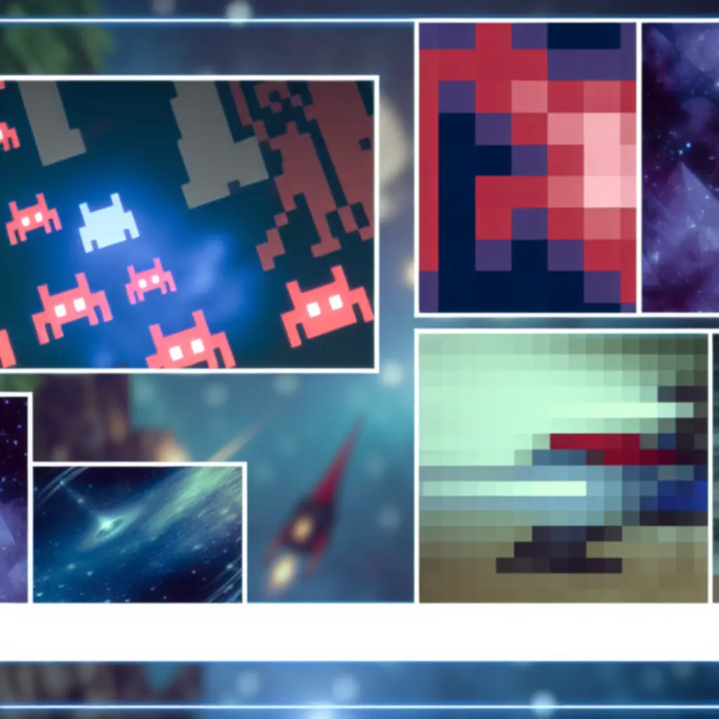 Retro pixel‑art: klasyczne sprite’y i neonowe akcenty w kosmicznej scenerii