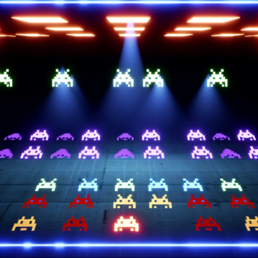 Falowy układ najeźdźców przyspieszający w kierunku statku gracza