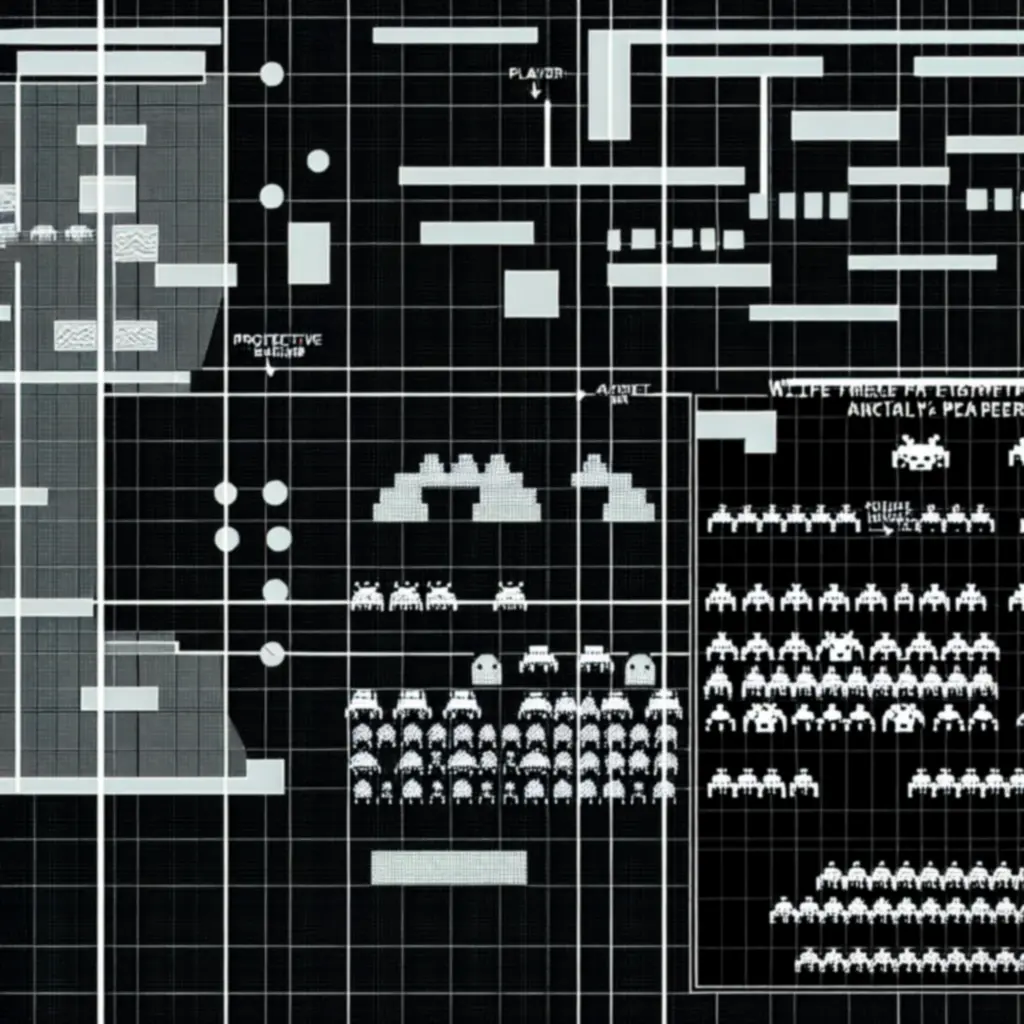 Infografika układu planszy: pozycja gracza, bariery, strefy respawnu i kierunki ataków