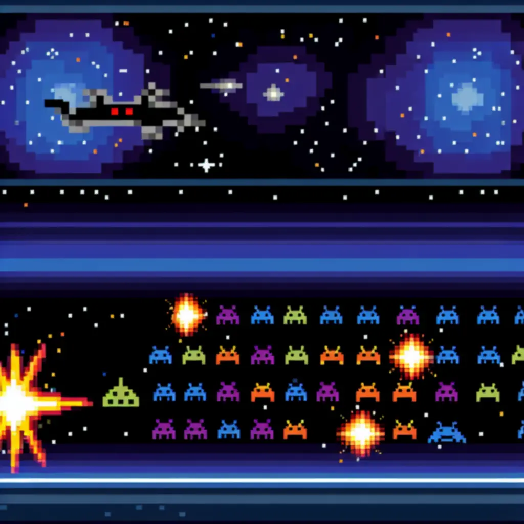 Mechanika strzelania: statek gracza celuje i niszczy fale przeciwników