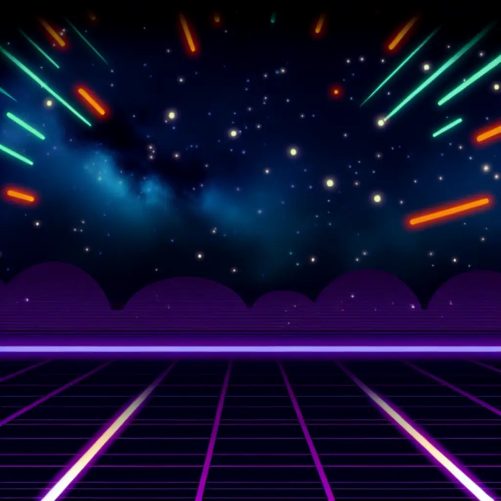 Neonowe, kosmiczne tło sci‑fi z głęboką przestrzenią i rozbłyskami