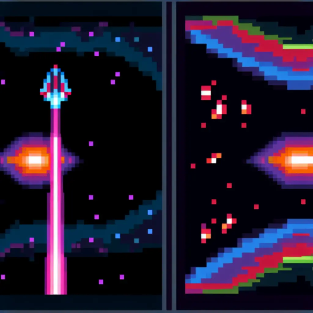 Statek gracza oddający strzał do szeregu najeźdźców w stylu retro sci‑fi