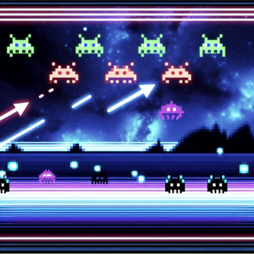 Retro, neonowa stylistyka pixel-art w klimacie sci-fi