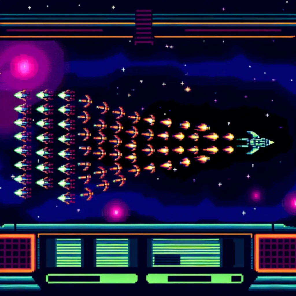 Zrzut rozgrywki Space Invaders: statek gracza ostrzeliwuje formację kosmitów
