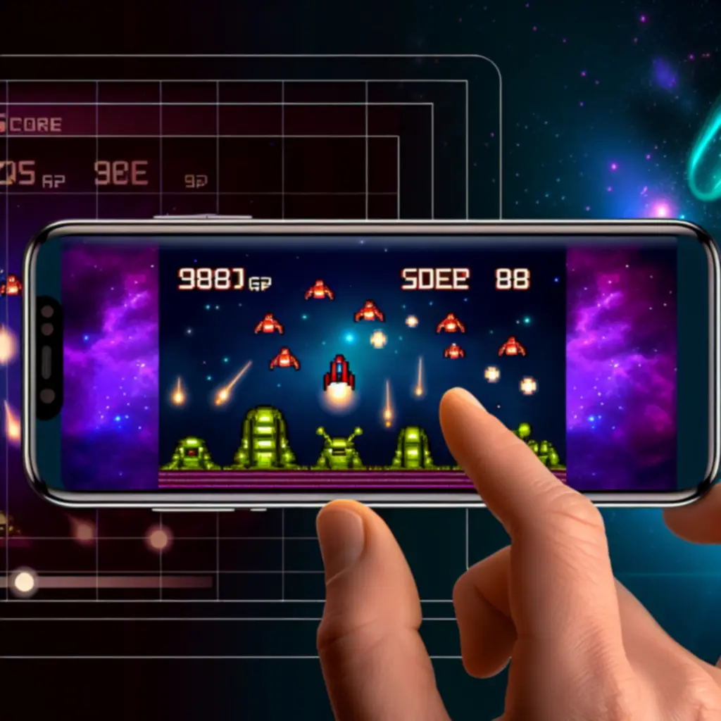 Zrzut ekranu mobilnej wersji Space Invaders w retro, pikselowej stylistyce