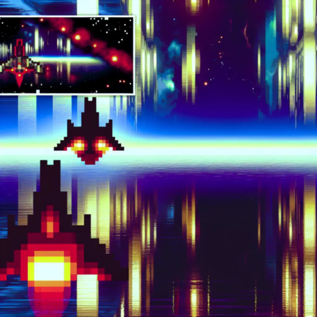 Neonowe, retro sci‑fi ujęcie Space Invaders z pikselowymi obiektami na kosmicznym tle