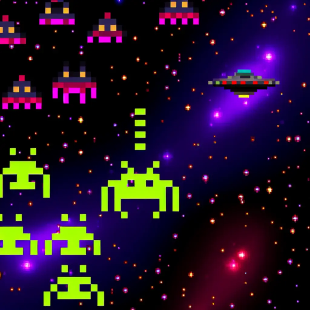 Pikselowe ufo i zróżnicowani kosmiczni przeciwnicy z gry Space Invaders